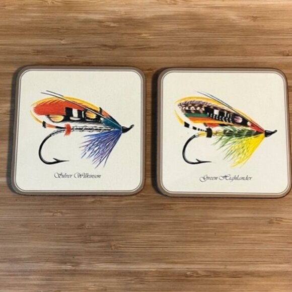 Vintage Pimpernel Coasters Cork back fish lures fisherman enthusiast Set of 6 - Picture 3 of 6